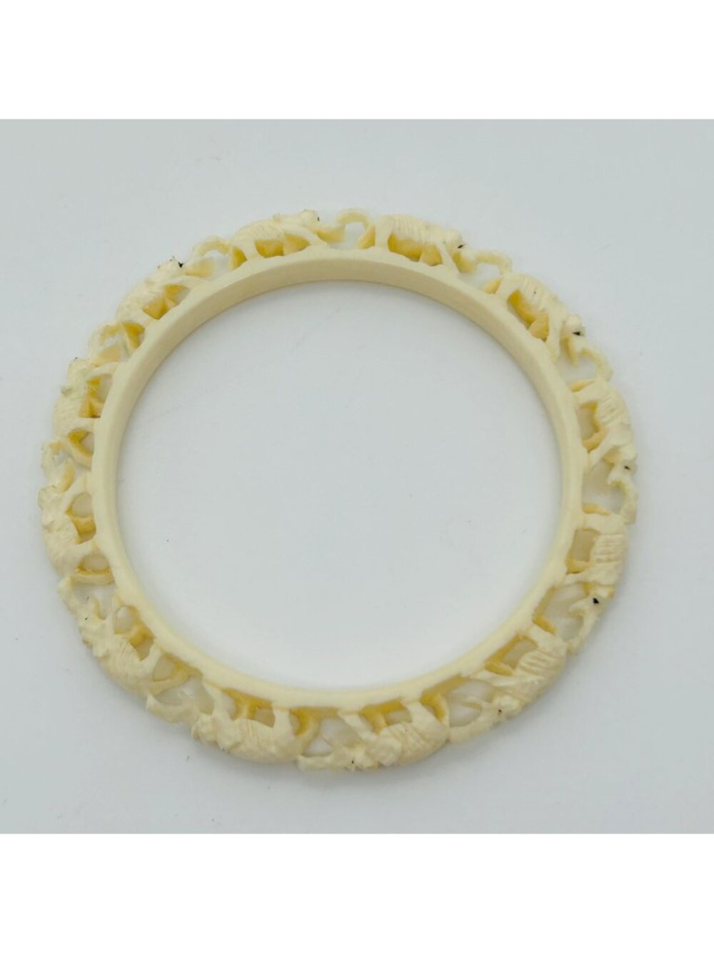 Vintage Carved Celluloid Elephant Bangle Bracelet Cream Plastic Walking Art Deco